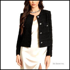 Cropped Tweed Blazer Woolen Boucle Jacket Collarless Business Casual